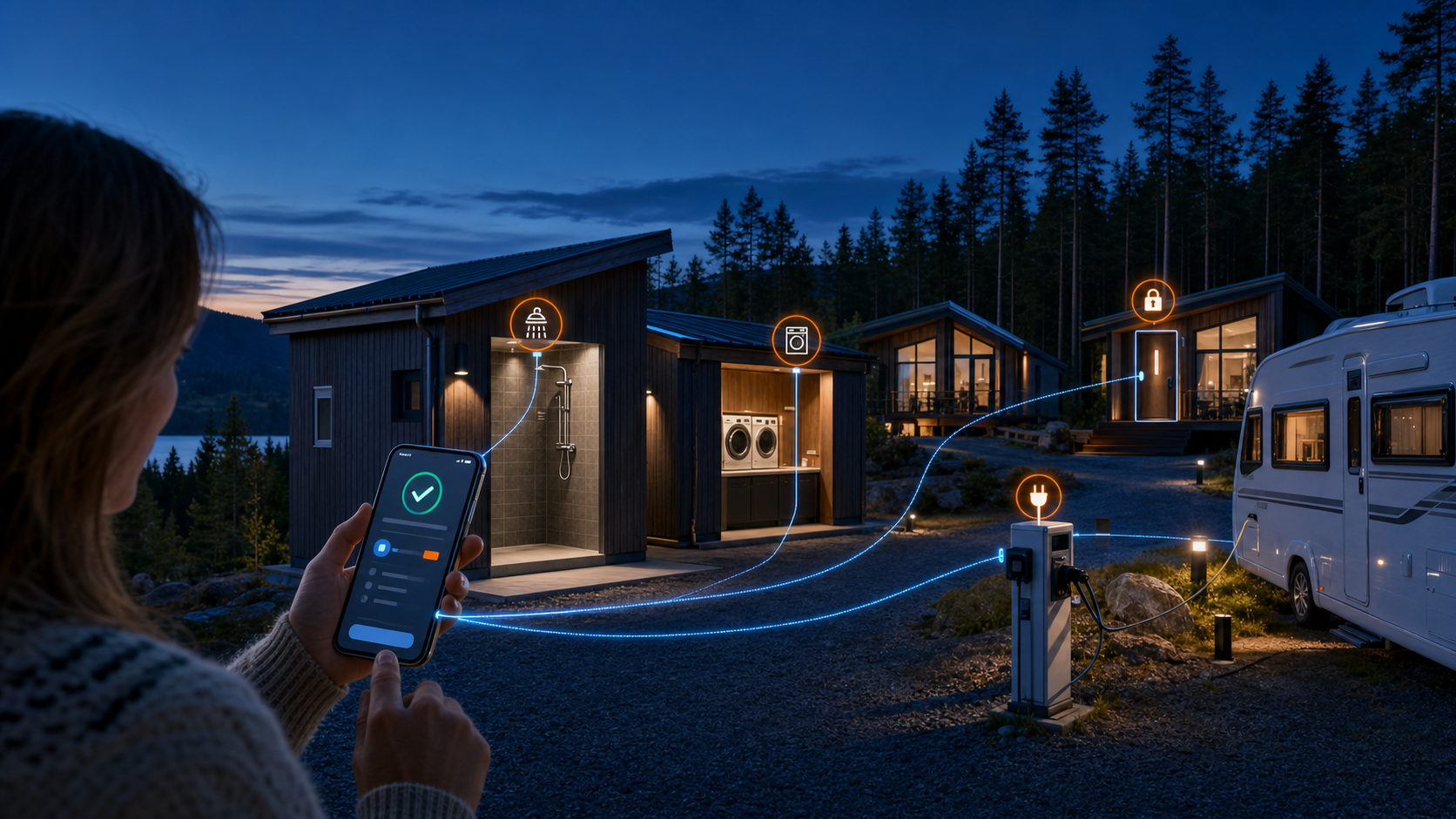 Camping conectado con duchas, lavandería, electricidad y acceso a cabañas controlados por app