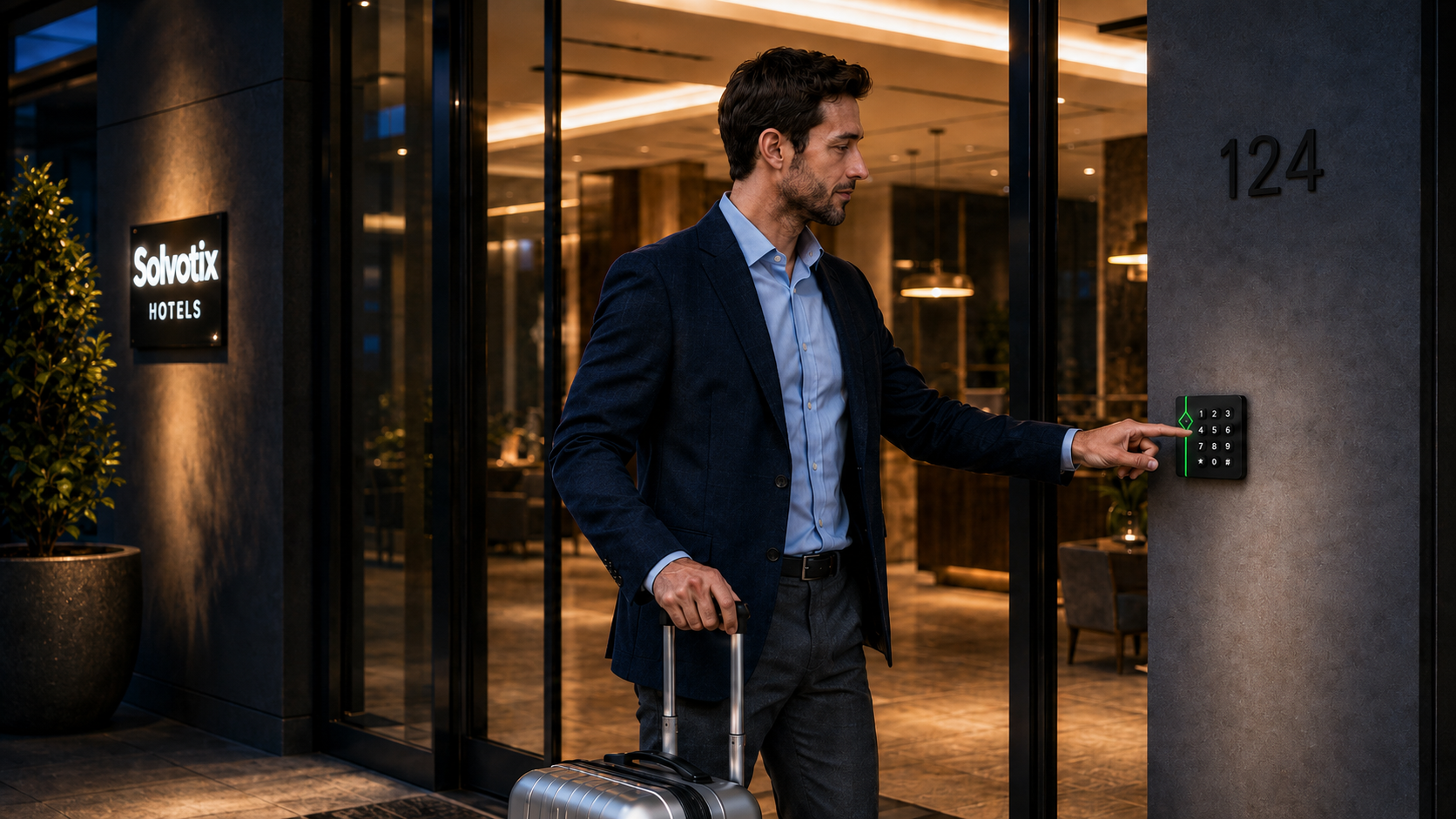 No necesita instalar ninguna aplicación. Para Nico, entrar es sencillo, mientras el hotel conserva el control. En la entrada principal, Nico introduce su código en el teclado. La puerta se abre y el check-in queda registrado automáticamente.