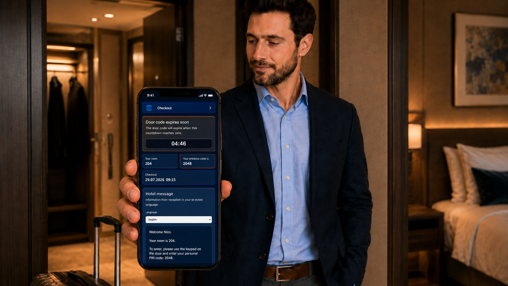 Al salir, el código caduca automáticamente. Si Nico se marcha antes, puede finalizar su estancia en el portal con un clic.