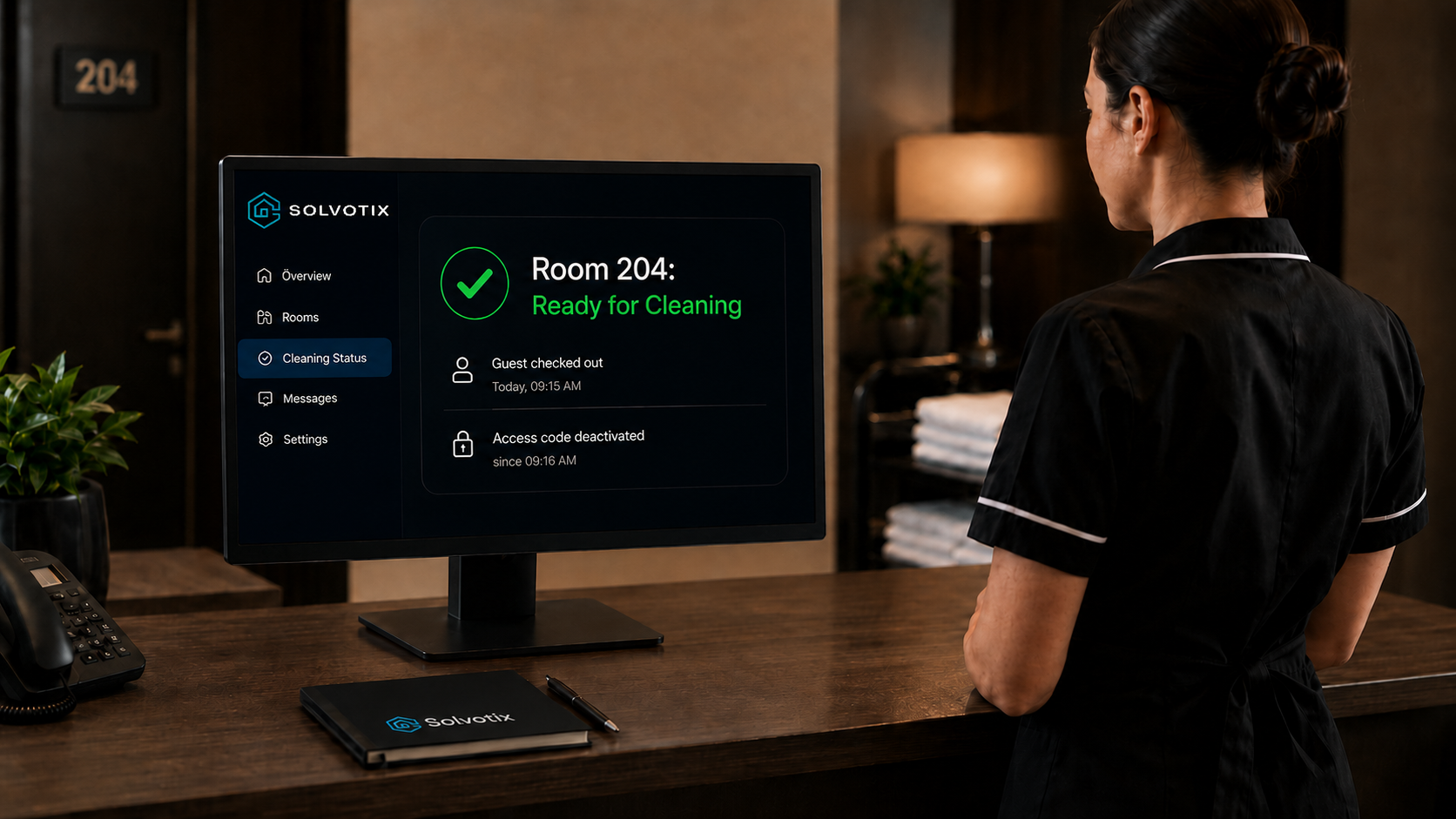 El personal recibe una notificación inmediata y la habitación pasa directamente al flujo de limpieza para comenzar antes.