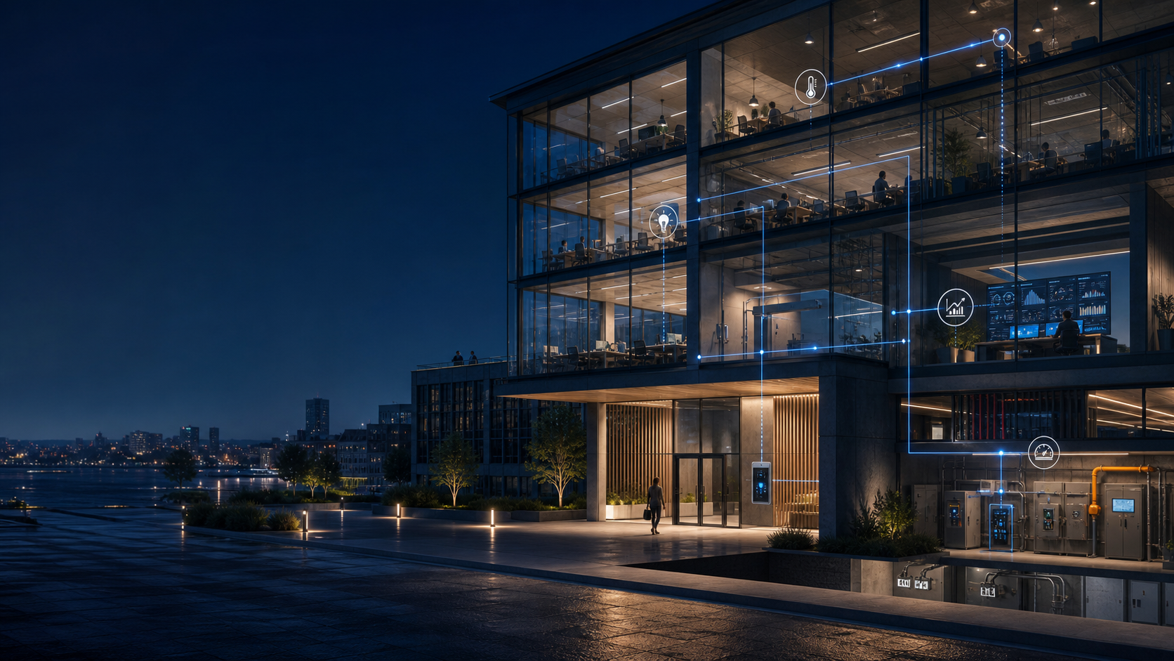 Edificio de oficinas moderno conectado con automatización de acceso, clima y energía