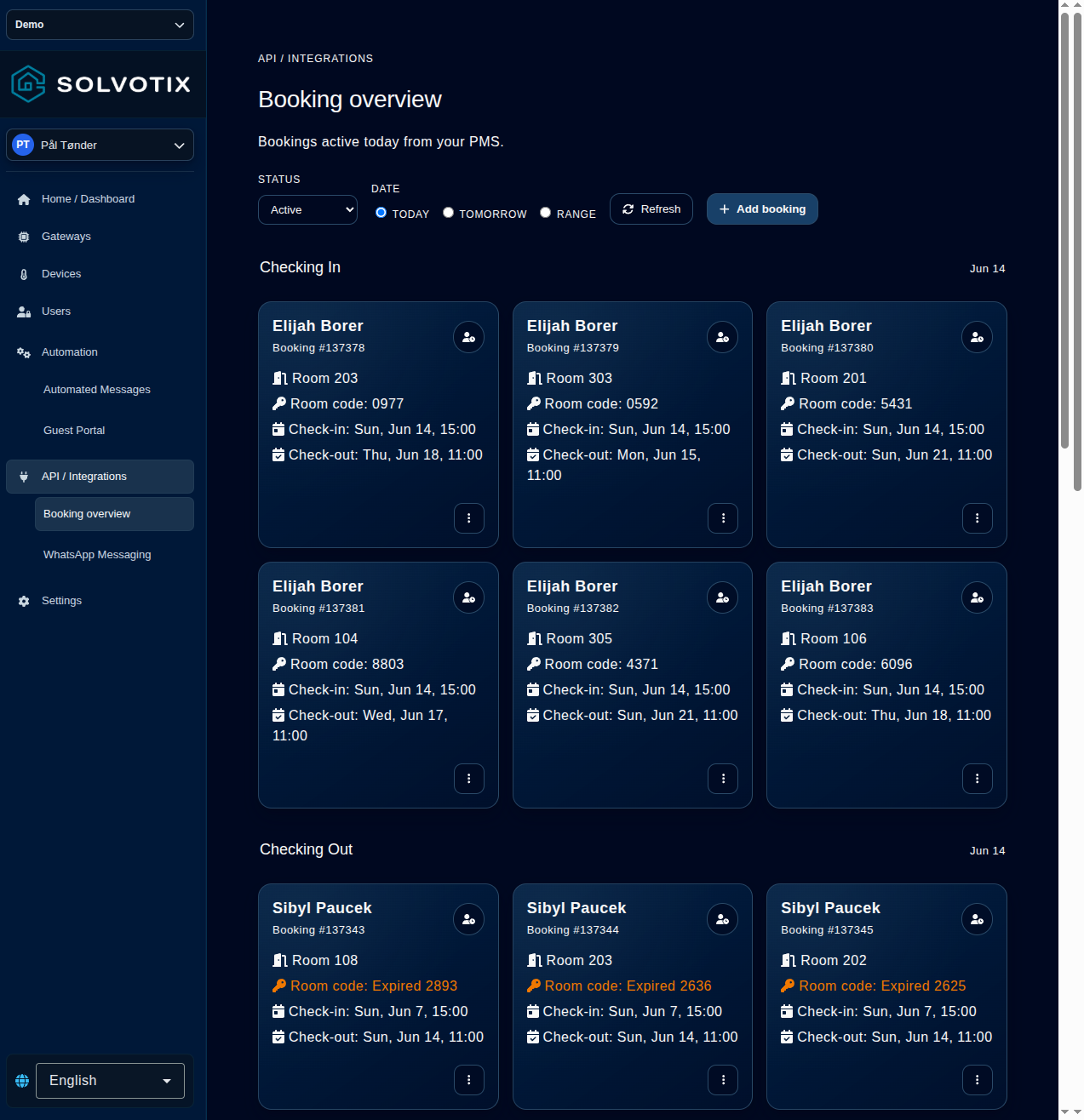 Pantalla de reservas de Solvotix