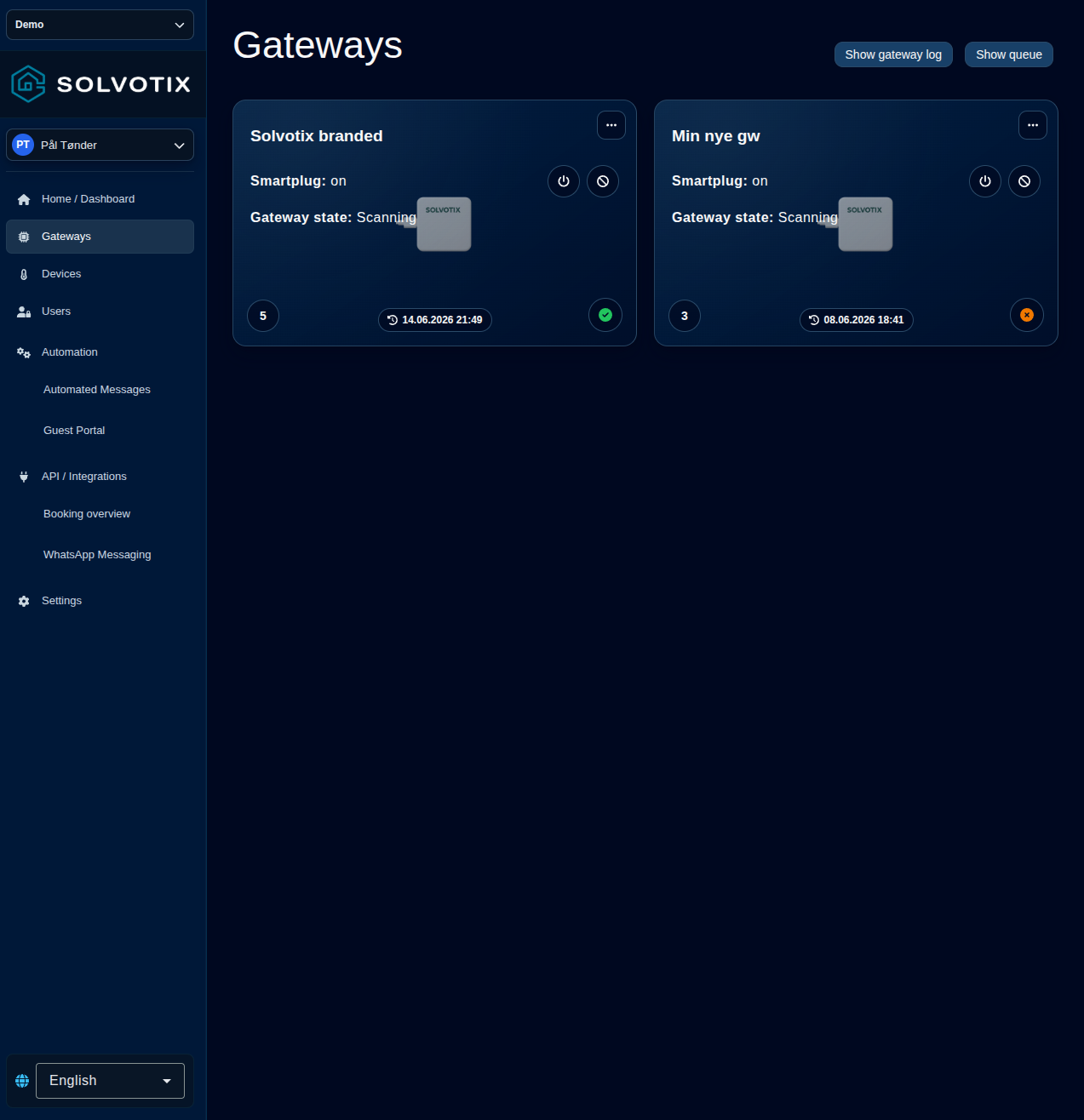 Pantalla de monitorización de gateway de Solvotix