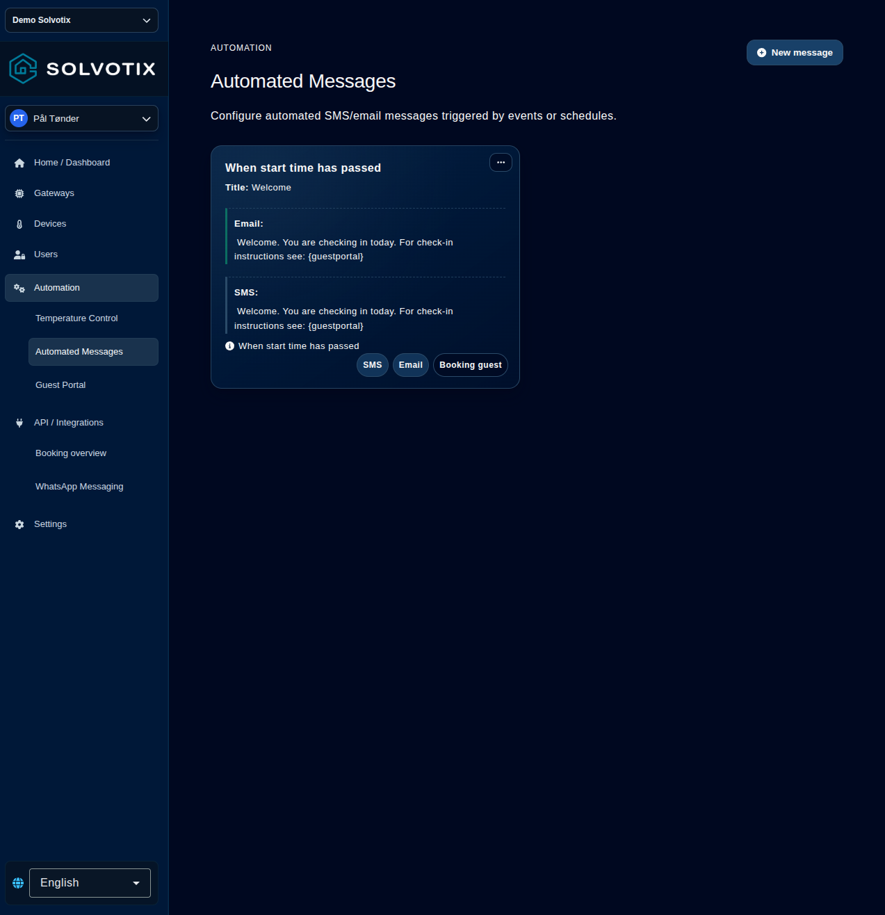 Pantalla de mensajes a huéspedes de Solvotix