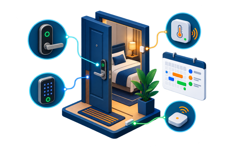 Habitación inteligente conectada a cerradura, teclado, sensor y calendario